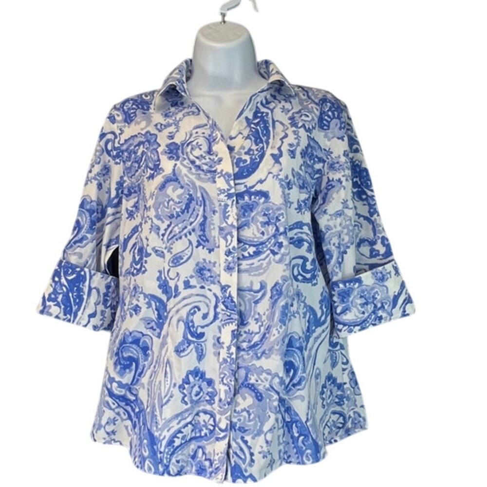 Chico’s Womens 1 S/8 Blue/White 3/4 Sleeves Paisley 100% Cotton Non-Iron Top